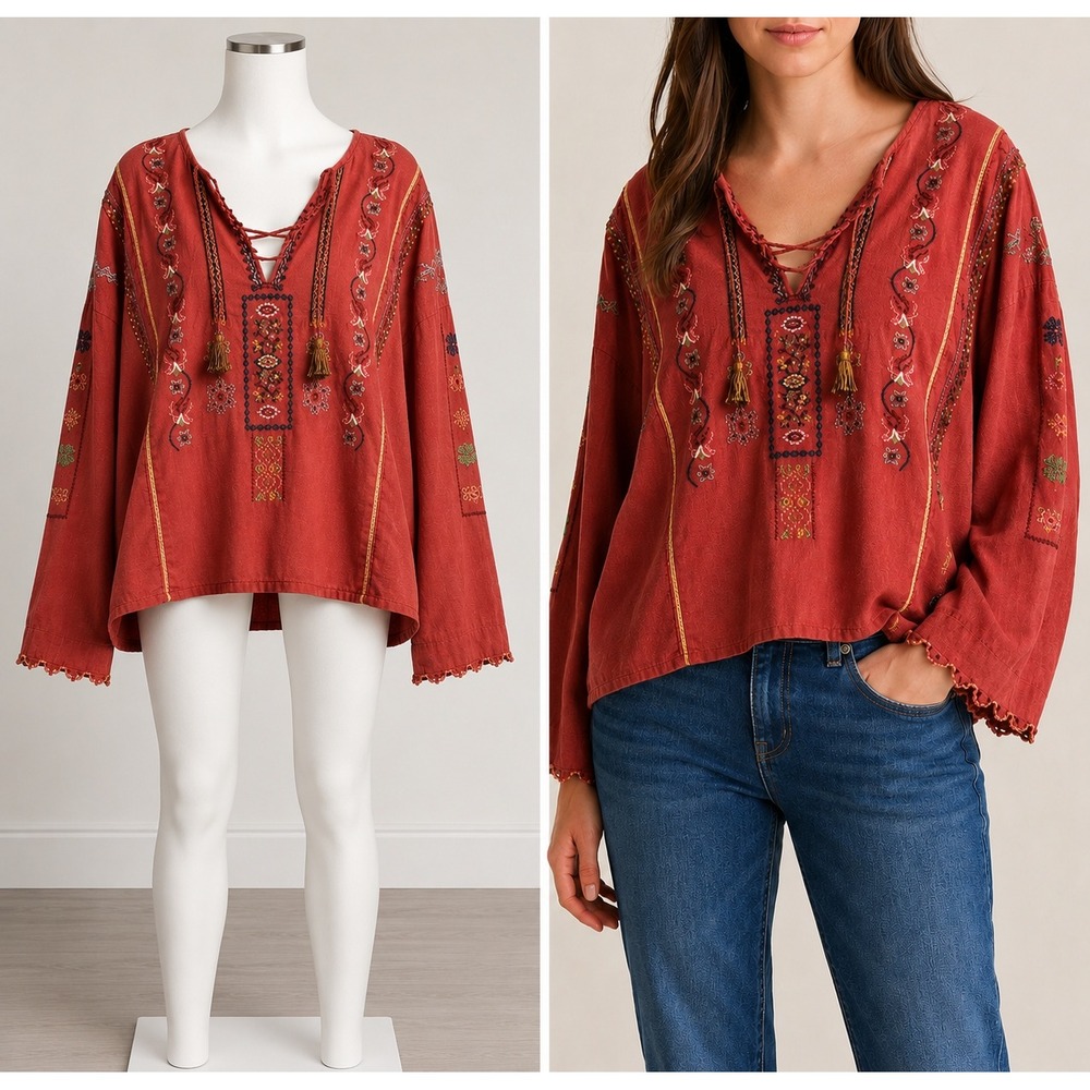 Zara Embroidered Blouse Women XL Rust Orange Boho Tassel V-Neck Long Sleeve Top